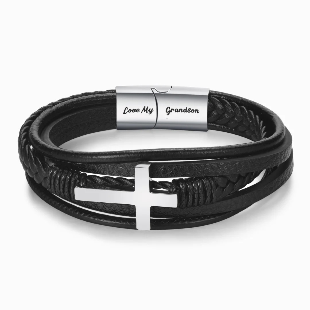 To My Grandson Cross Braided Leather Bracelet “Pray Through It”