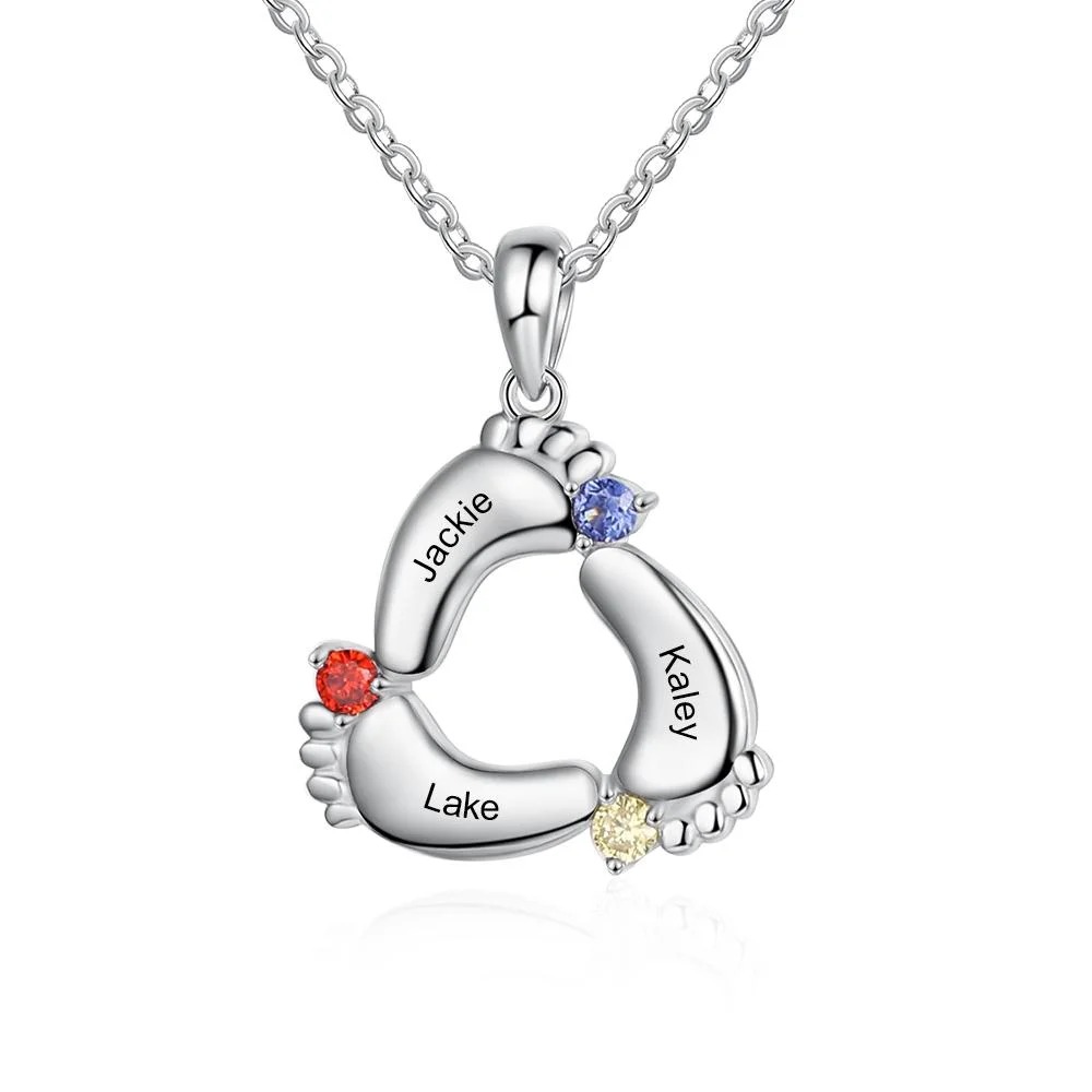 Baby Feet Necklace with 3 Birthstones Engraved 3 Names Family Necklace