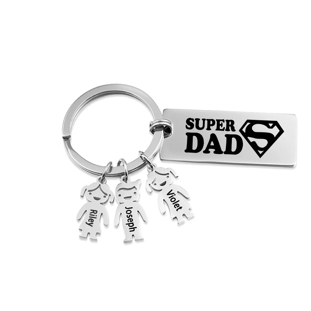 Father’s Day Gift Personalized Super Dad Keychain Engraved 3 Kid Charms