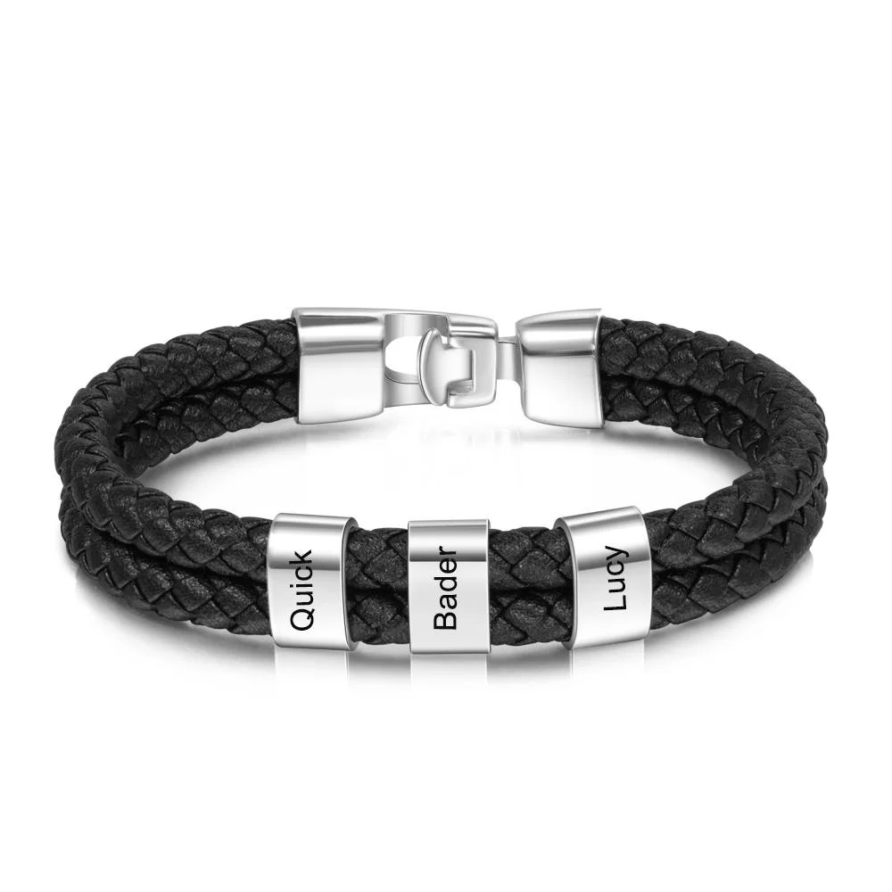 Men Leather Bracelet with Engraved Beads Custom Two Layers Bracelet Black