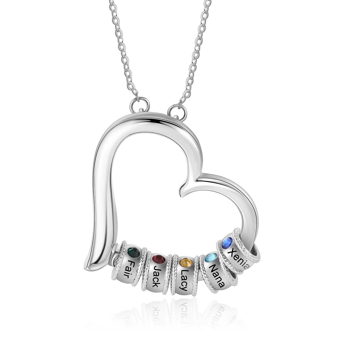 Personalized Heart Birthstone Necklace with Bead Custom 5 Names Necklace