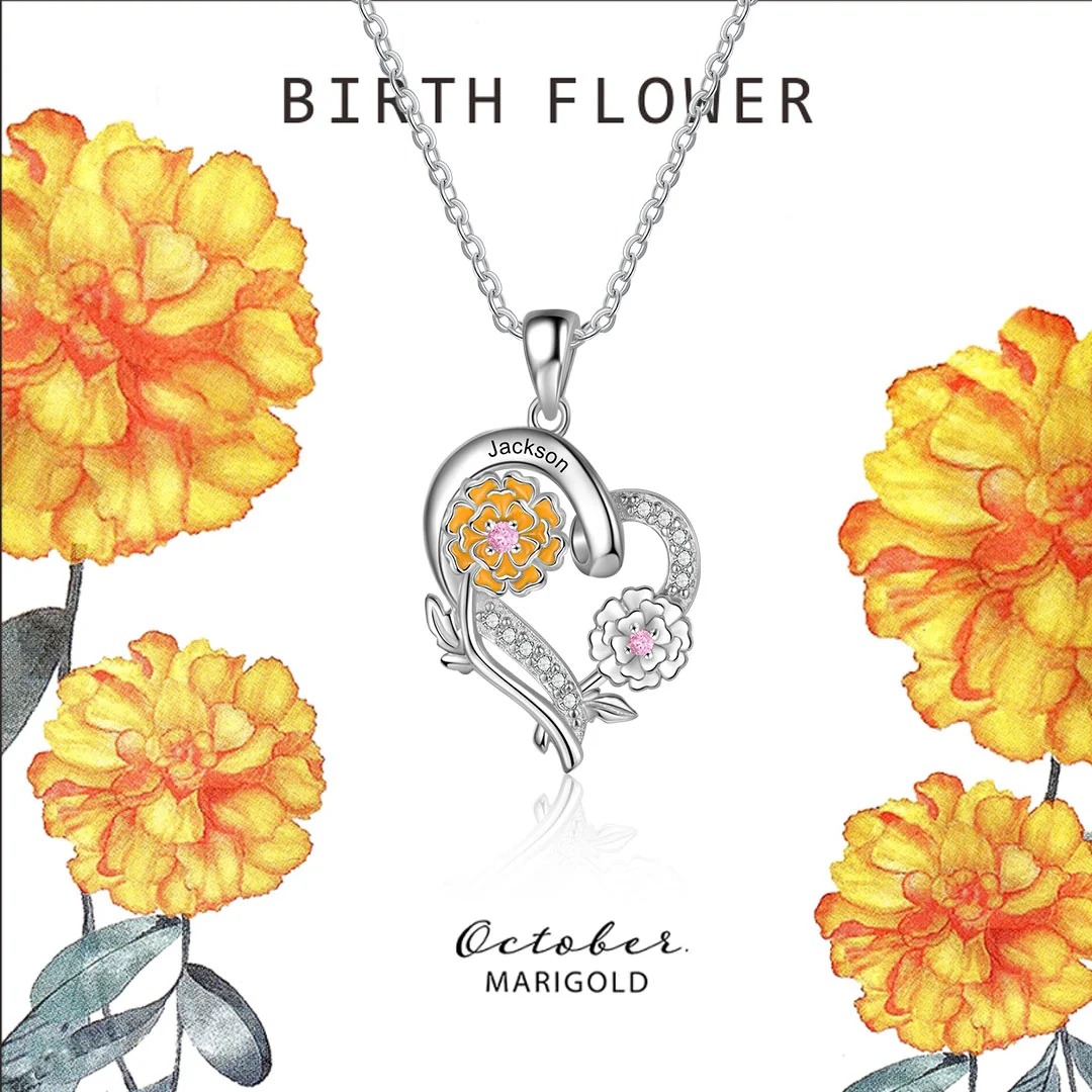 October Birth Month Flower Necklace Marigold Necklace with 2 Birthstones