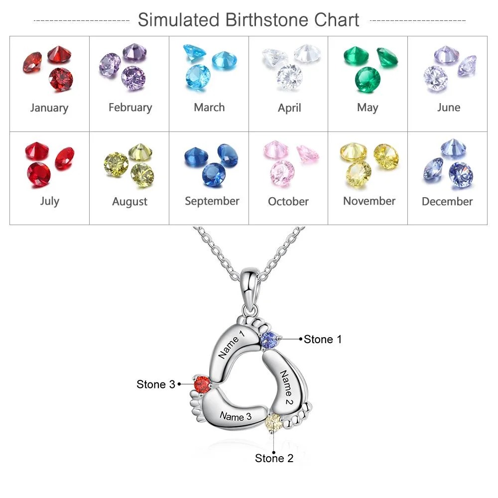 Baby Feet Necklace with 3 Birthstones Engraved 3 Names Family Necklace