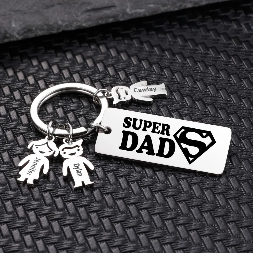 Father’s Day Gift Personalized Super Dad Keychain Engraved 3 Kid Charms