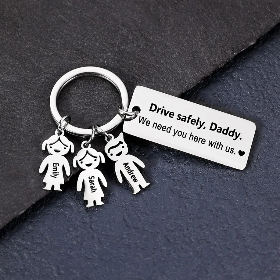 To My Dad 3 Kid Charms Keychain “Drive Safely, Daddy”