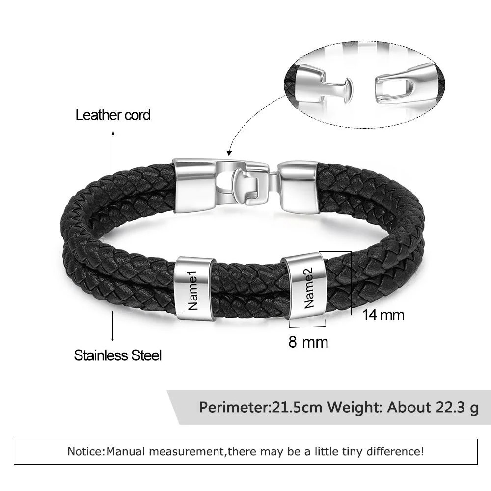 Men Leather Bracelet with Beads Engraved 2 Names Two Layers Bracelet Gifts For Father