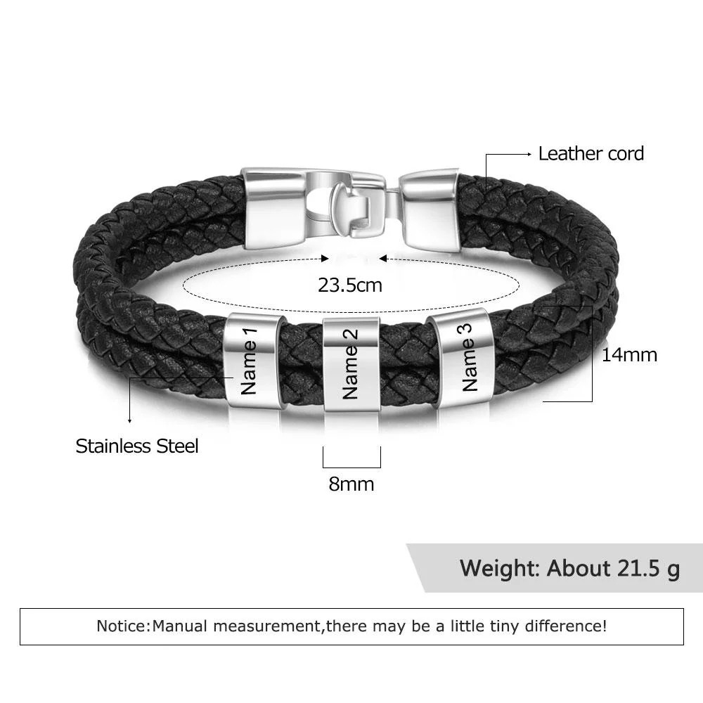 Men Leather Bracelet with Engraved Beads Custom Two Layers Bracelet Black