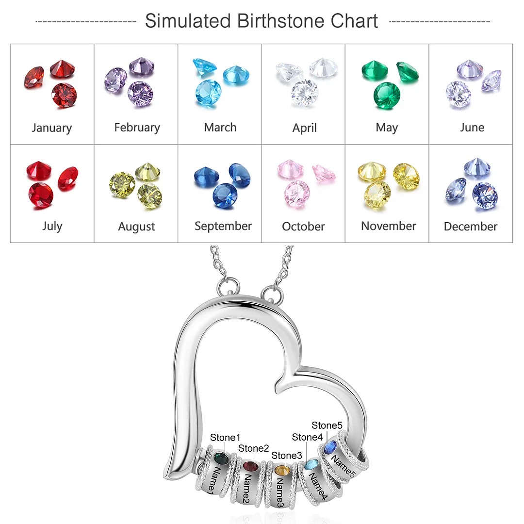 Personalized Heart Birthstone Necklace with Bead Custom 5 Names Necklace