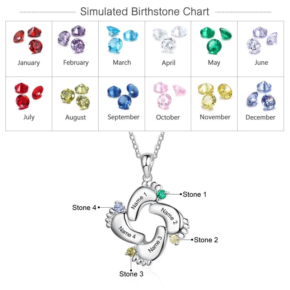 Baby Feet Necklace with 4 Birthstones Engraved 4 Names Family Necklace