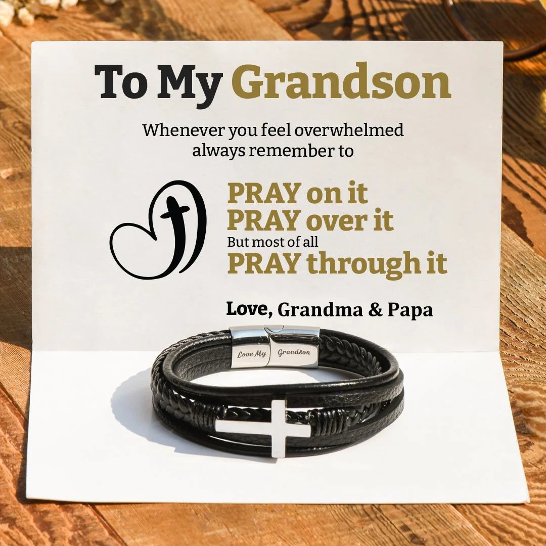 To My Grandson Cross Braided Leather Bracelet “Pray Through It”