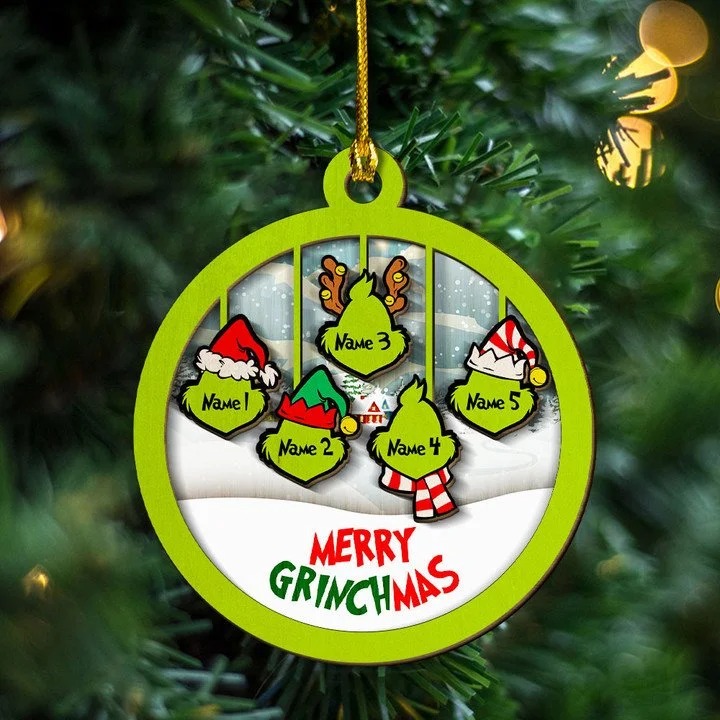 Merry Grinchmas Family Ornament Custom 5 Names Wooden Ornament