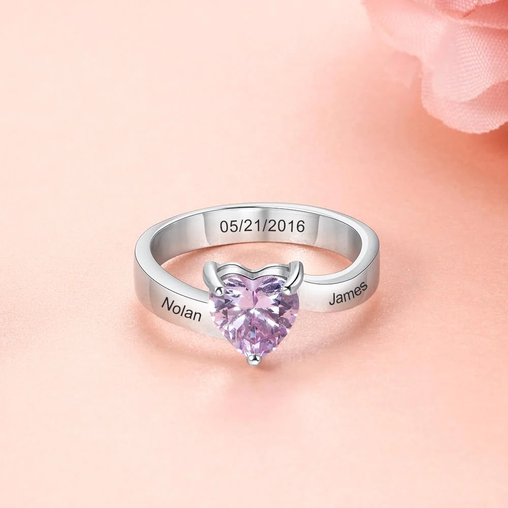 Engraved Ring With One Heart Shape Birthstone In Sterling Silver Personalized Ring For Girls and Women