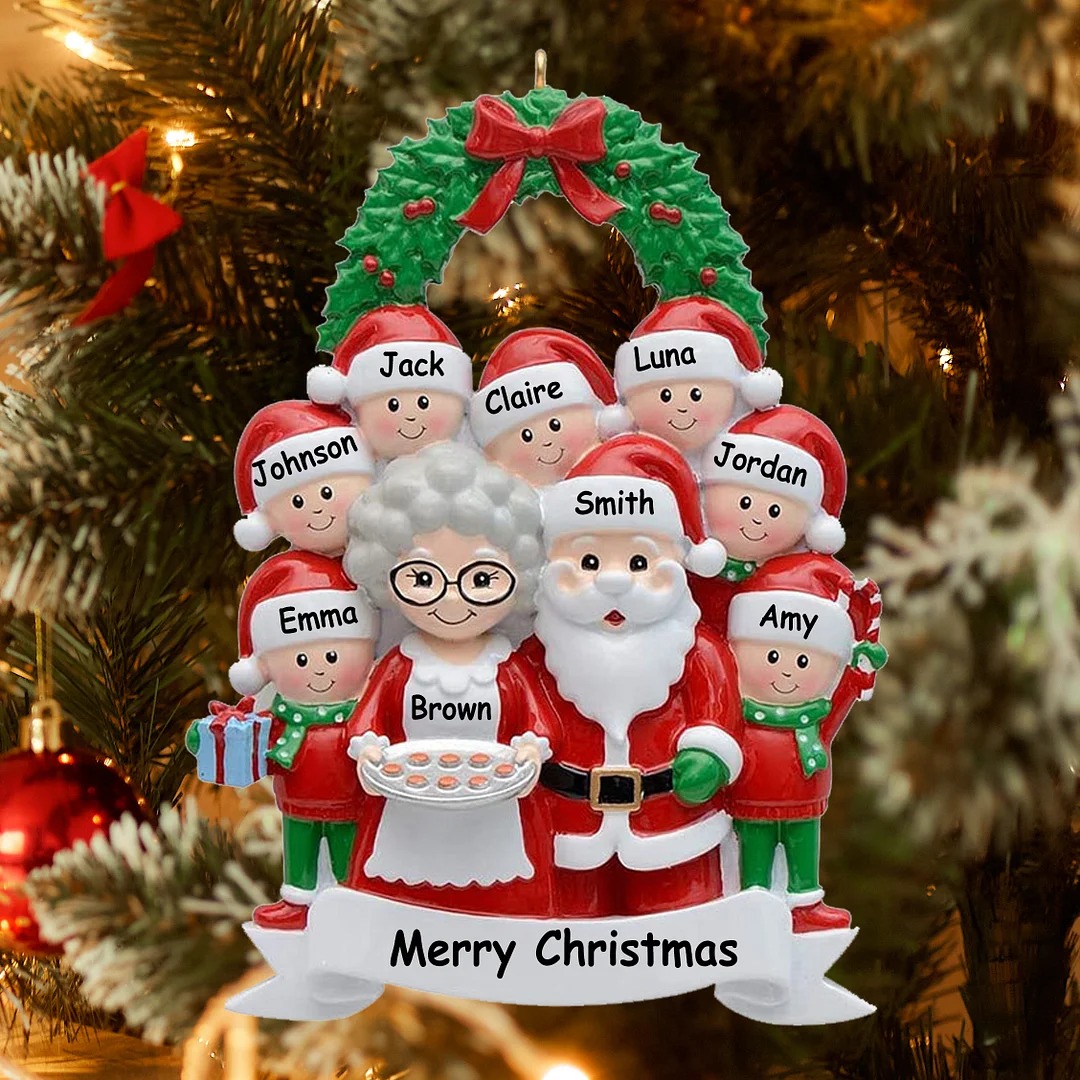 Santa Family Ornament Custom 9 Names Grandparents with Grandkids Ornament