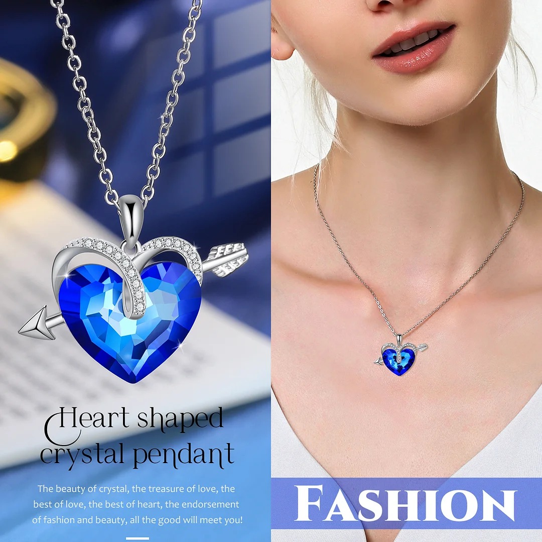 Heart Blue Crystal Necklace Love Arrow Sapphire Necklace for Her