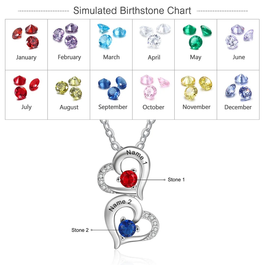 Personalized Heart Birthstone Necklace Custom 2 Names for Family