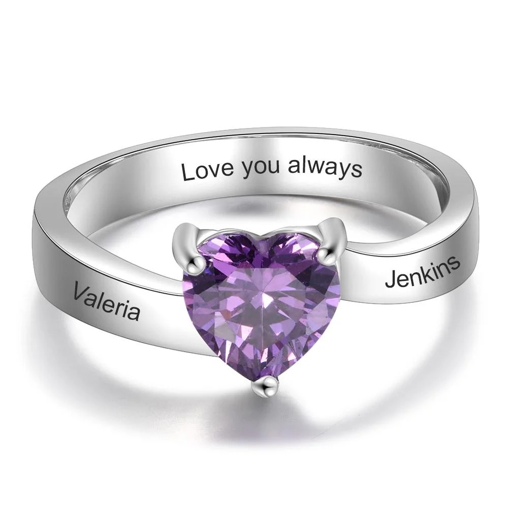 Engraved Ring With One Heart Shape Birthstone In Sterling Silver Personalized Ring For Girls and Women