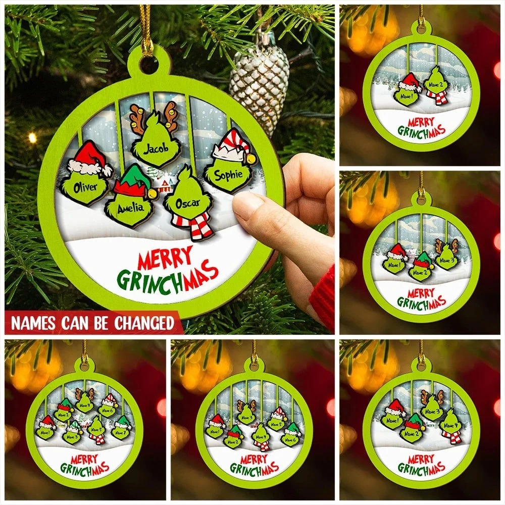 Merry Grinchmas Family Ornament Custom 5 Names Wooden Ornament