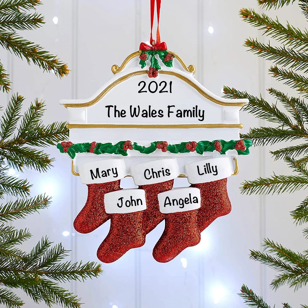 Personalized Red Stockings Ornament Custom 5 Names Gifts for Family