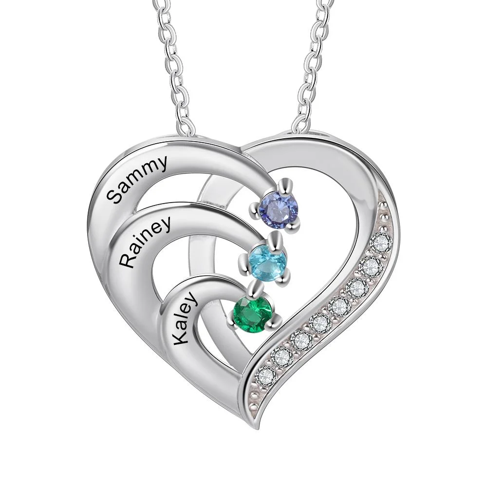 Personalized Mother Necklace 3 Stones Engraved 3 Names Birthstone Intertwined Heart Pendant