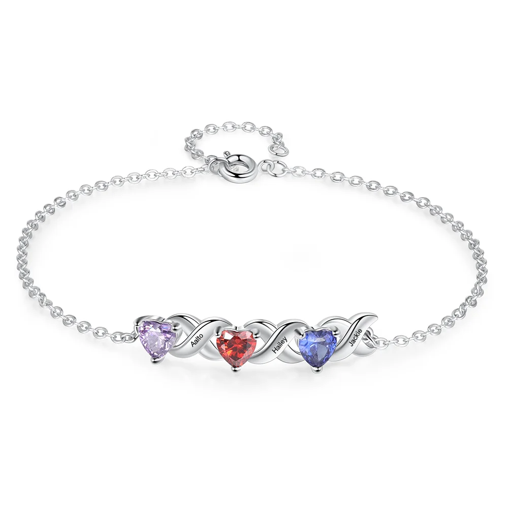 Family Custom Bracelet Heart Personalized with 3 Birthstones