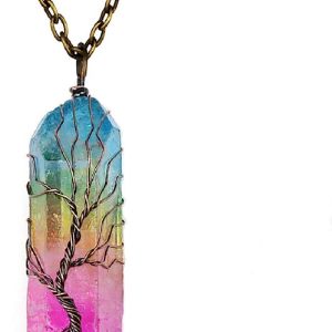 Abitoncc Natural Irregular 7 Chakra Gemstone Tree of Life Copper Wire Wrapped Quartz Healing Crystal Pendant Classic Necklace