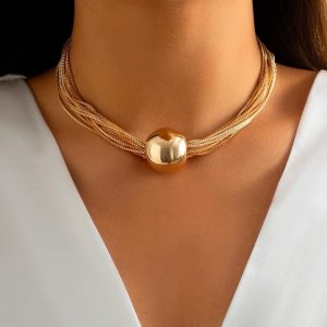 DTTblue Vintage Big Ball Choker Necklaces For Women Multi Layered Thin Link Chain Clavicle Necklaces Fashion Neck Jewelry – Silver Color