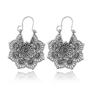 DoubleNine Ethnic Gypsy Earrings Antique Flower Dangle Retro Ancient Silver Earrings Vintage Style Wedding Bridal Bohemian Jewelry for Women Girls (silver)