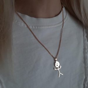 Funny Doodle Necklace, Smiley Middle Finger Necklace, Matchstick Erect Middle Finger Gesture Necklace Funny Gift (Rose Gold,2PCS)