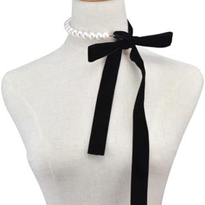 TheHAD Punk Long Wide Black Velvet Ribbon Choker Bow Tie Simulated Pearl Beads Charm Collar Necklace Jewelry Year-15691