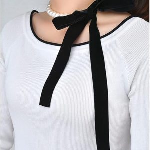 TheHAD Punk Long Wide Black Velvet Ribbon Choker Bow Tie Simulated Pearl Beads Charm Collar Necklace Jewelry Year-15691