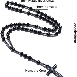 Fashion jewelry- rosary beads cross buddha tiger pearl necklace, Matte Black Onyx Beaded Catholic Christian Rosary Necklace Cross Pendant Men And Women Meditation Mala Jewelry