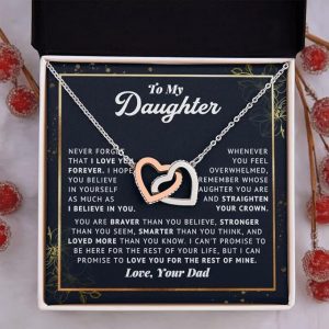 To My Daughter Believe In Yourself Love Knot Necklace Father Daughter Gifts From Dad, Daughter Birthday Card Gift Jewelry Pendent Necklace with Message Card and Gift Box, Metal, Cubic Zirconia – Interlocking Hearts necklace, Standard Box