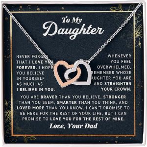 To My Daughter Believe In Yourself Love Knot Necklace Father Daughter Gifts From Dad, Daughter Birthday Card Gift Jewelry Pendent Necklace with Message Card and Gift Box, Metal, Cubic Zirconia – Interlocking Hearts necklace, Standard Box