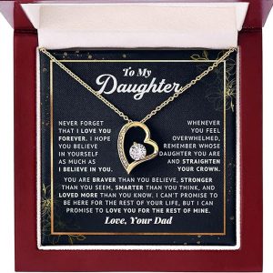 To My Daughter Believe In Yourself Love Knot Necklace Father Daughter Gifts From Dad, Daughter Birthday Card Gift Jewelry Pendent Necklace with Message Card, Gift Box (Forever Love Necklace, 18k Yellow Gold Finish / Luxury Box)