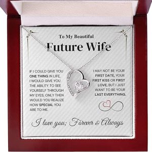 Awesomesons Future Wife Necklace My Last Everything, Fiance Gifts For Her, Promise Necklace For Her, Birthday Gifts For Future Wife With Message Card,To My Soulmate Necklace, Stainless Steel, Cubic