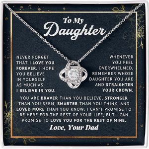 To My Daughter Believe In Yourself Love Knot Necklace Father Daughter Gifts From Dad, Daughter Birthday Card Gift Jewelry Pendent Necklace with Message Card, Gift Box